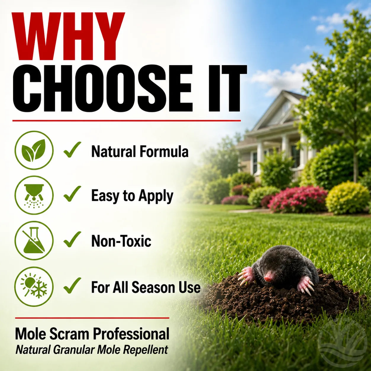 Why use Mole Scram Professional natural granular mole repellent with a house and garden in the background.