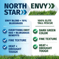 A promotional comparison graphic for North Star grass seed, comparing it to Envy Blend and Envy Tall Fescue. The graphic features a blue-to-white gradient on the left and a white-to-light-gray gradient on the right, with green grass illustrations at the top and bottom.