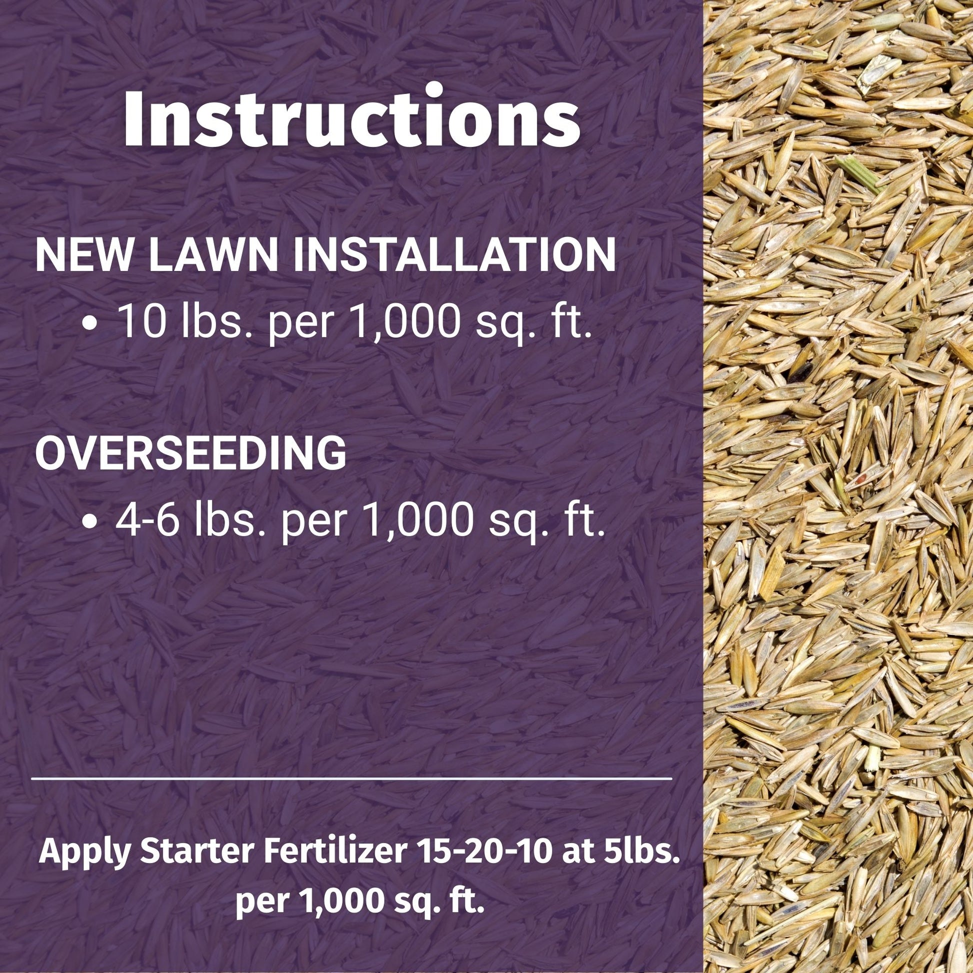 Shade Lawn seed packaging with instructions on application rates and fertilizer application.