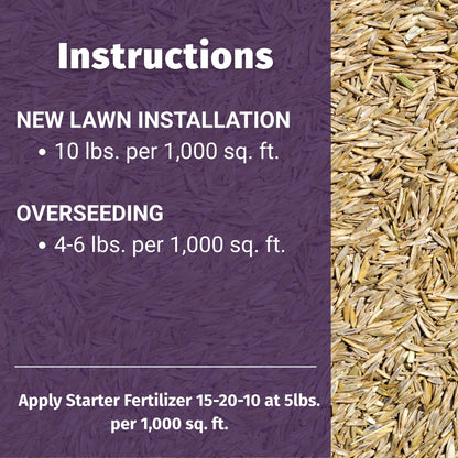 Shade Lawn seed packaging with instructions on application rates and fertilizer application.