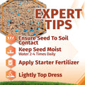 An informational graphic titled 'EXPERT TIPS for installing bermuda grass seed' with text about seeding: 'Ensure Seed To Soil Contact,' 'Keep Seed Moist Water 2-4 Times Daily,' 'Apply Starter Fertilizer,' and 'Lightly Top Dress.' It includes a close-up photo of soil with blue seed granules and orange icon graphics on a white background with a grass strip at the bottom.