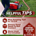 An informational lawn care graphic with a photo of a red and silver lawnmower mowing green grass, plus text tips for seeding: mow existing turf to 1/2-3/4', ensure good seed-to-soil contact, moist until germination, and use starter fertilizer 15-20-10 when seeding.