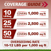 Coverage guide infographic for velocity perennial rye grass seed showing coverage rates for 10, 25, and 50 LB bags over 1,000, 2,500, and 5,000 sq ft, plus an overseeding rate of 10-12 lbs per 1,000 sq ft.
