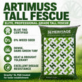 Bag of Heritage Artimuss Tall Fescue seed with product features listed on a green background.