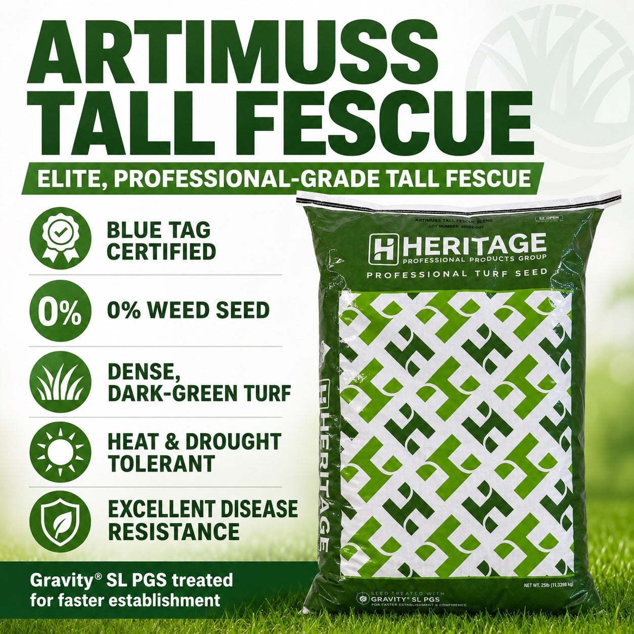 Bag of Heritage Artimuss Tall Fescue seed with product features listed on a green background.