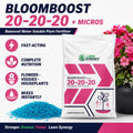 Lawn Synergy Bloomboost fertilizer package with product details and a plant in the background.