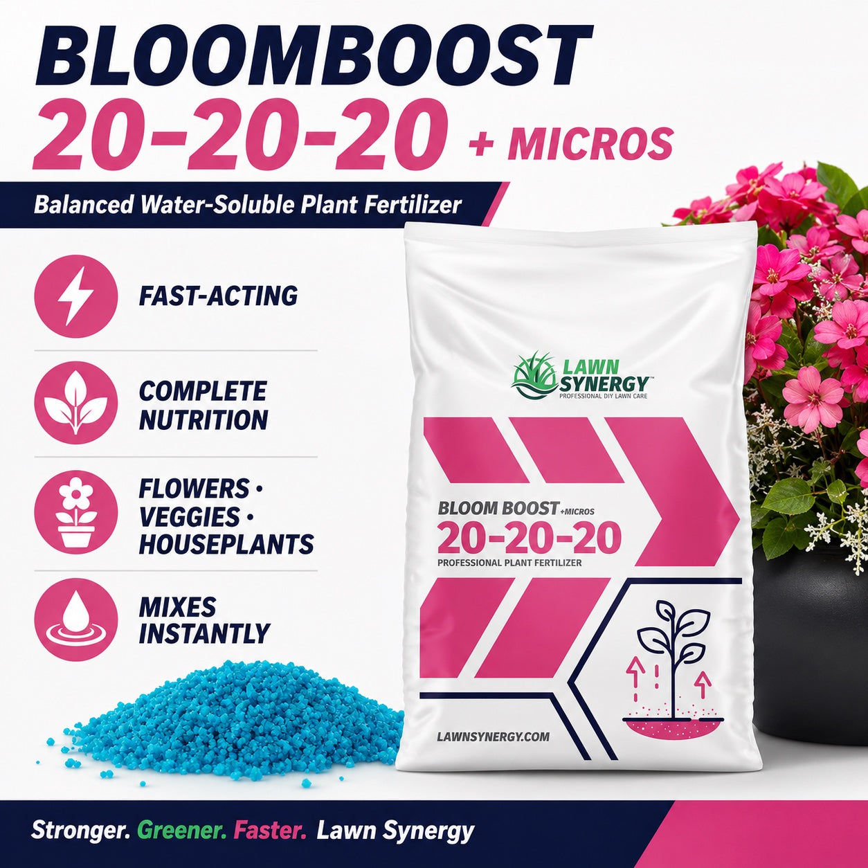 Lawn Synergy Bloomboost fertilizer package with product details and a plant in the background.