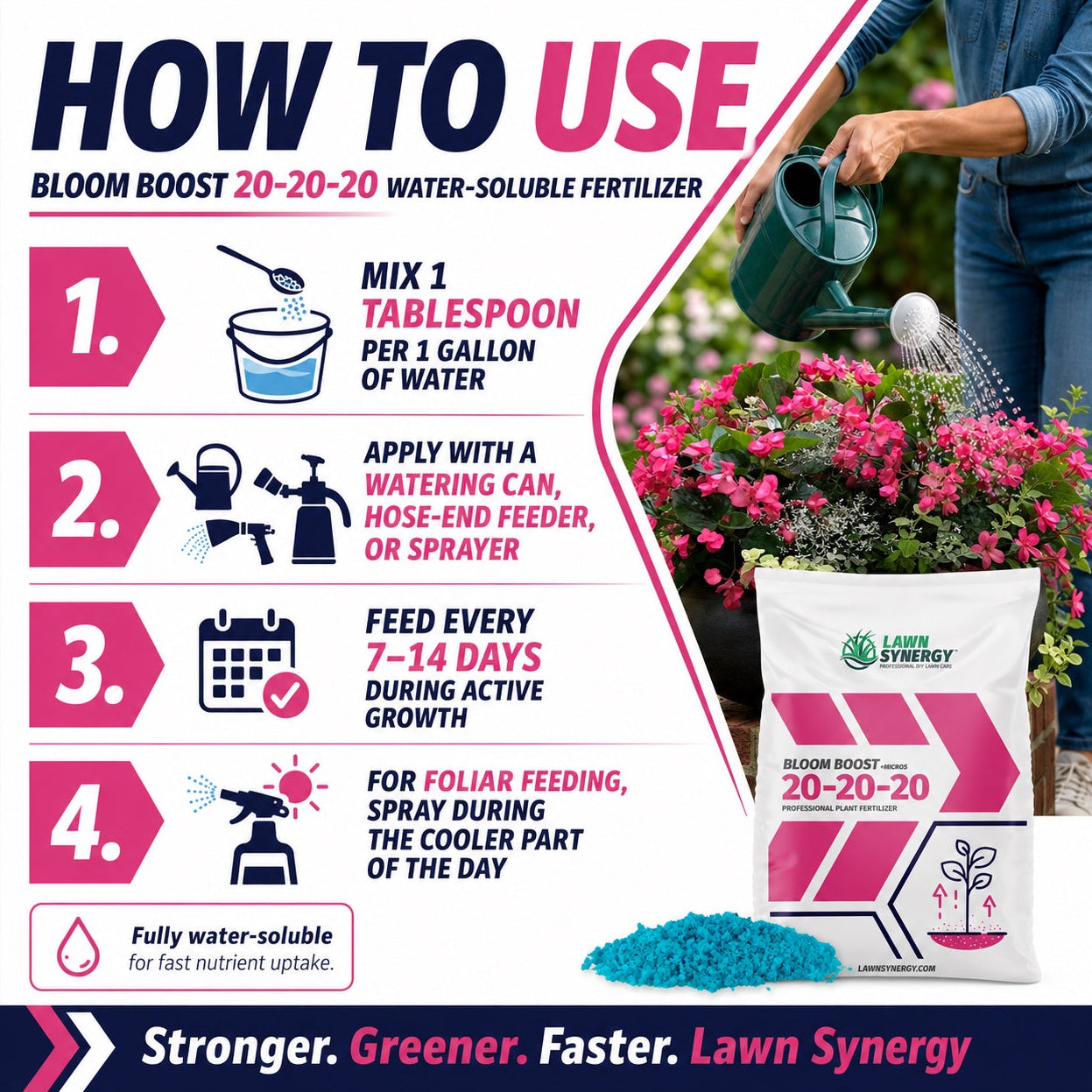 Infographic on how to use Bloom Boost water-soluble fertilizer with text and images of a person watering plants.