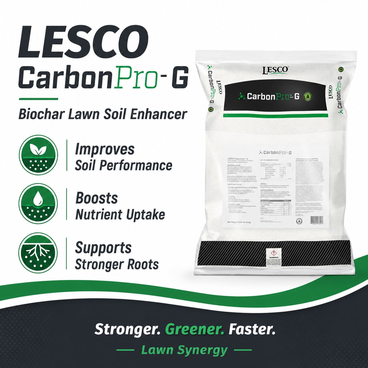 LESCO CarbonPro-G biochar lawn soil enhancer packaging with product details on a white background