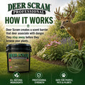 Advertisement for Deer Scram Professional with a deer and product packaging in a garden setting.