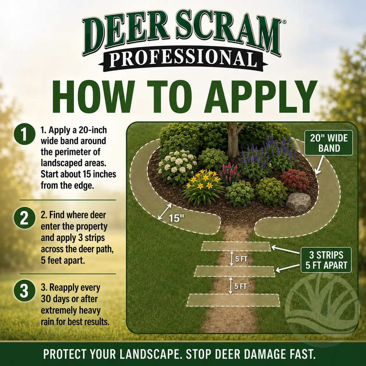 Instructions on how to apply Deer Scram Professional product around a garden and along a path.