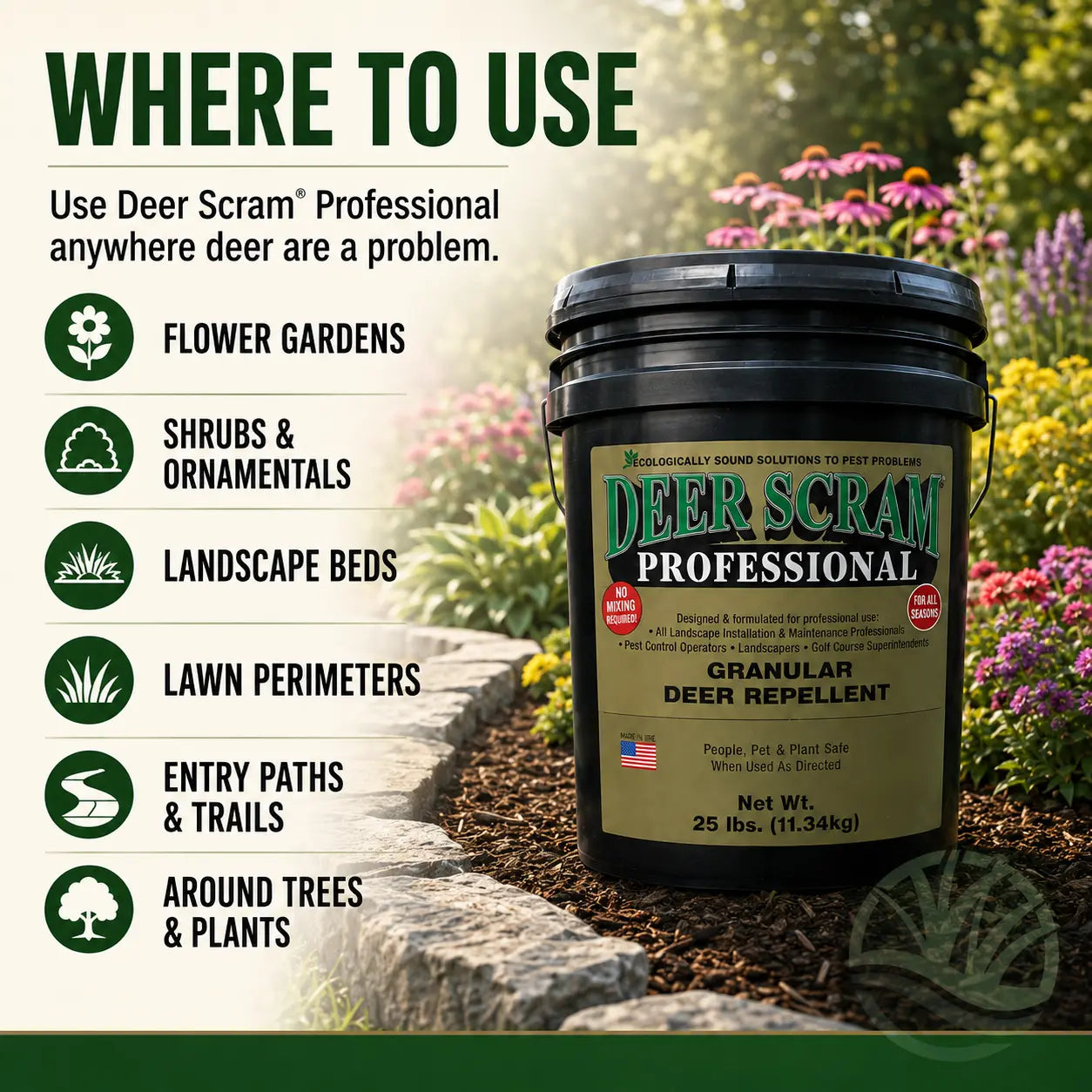 Deer Scram Professional granular deer repellent with usage instructions in a garden setting.
