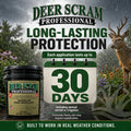 Deer Scram Professional product with a deer and text about long-lasting protection and weather conditions.