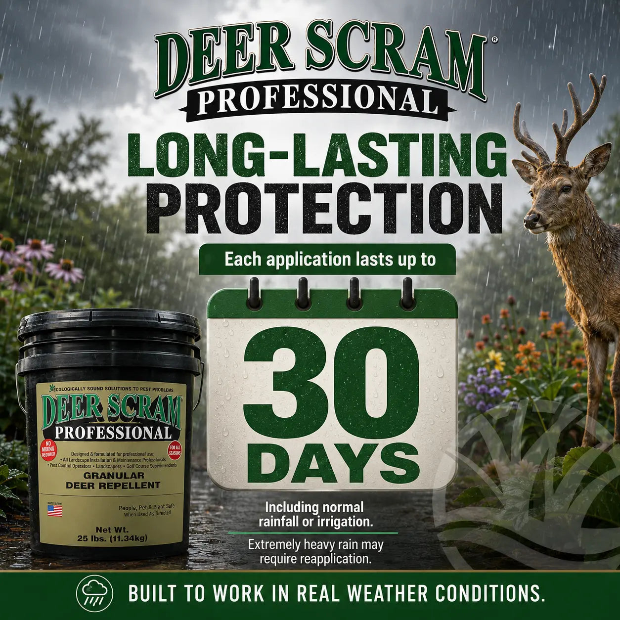 Deer Scram Professional product with a deer and text about long-lasting protection and weather conditions.