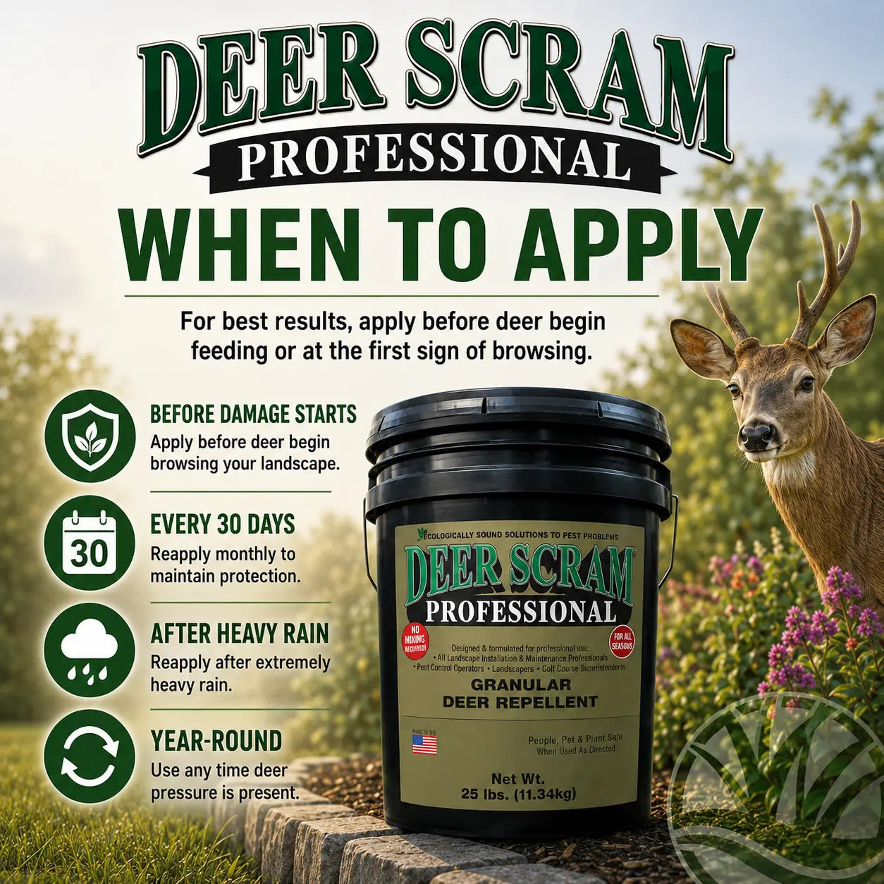 Deer Scram Professional deer repellent with instructions on application and a deer in the background.