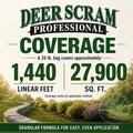 Advertisement for Deer Scram Professional with coverage details and a garden background.