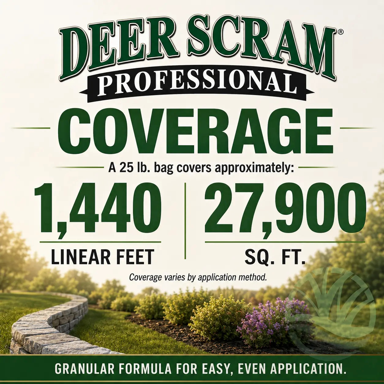 Advertisement for Deer Scram Professional with coverage details and a garden background.
