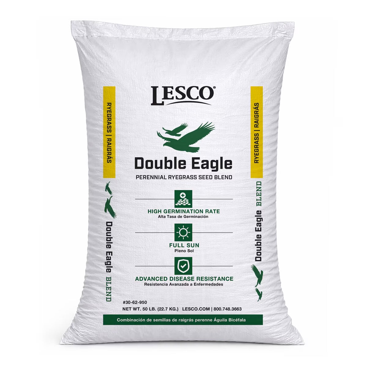 Bag of Lesco Double Eagle perennial ryegrass seed blend on a white background