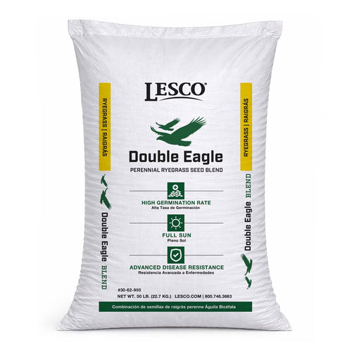 Bag of Lesco Double Eagle perennial ryegrass seed blend on a white background