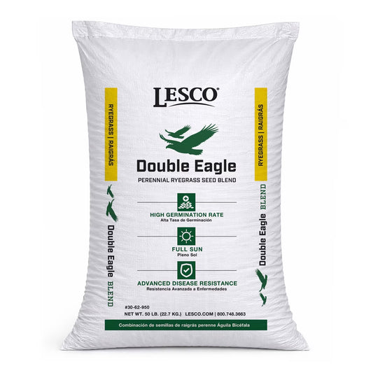 Bag of Lesco Double Eagle perennial ryegrass seed blend on a white background