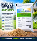 Hydretain ES Plus Granular OC product packaging with text on reducing watering and benefits, set against a grassy outdoor background.