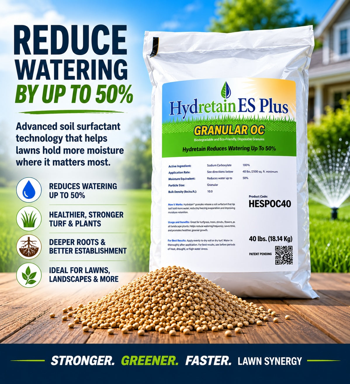 Hydretain ES Plus Granular OC product packaging with text on reducing watering and benefits, set against a grassy outdoor background.