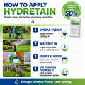 Infographic on how to apply Hydretain for better moisture retention in lawns.