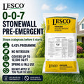 LESCO Stonewall Pre-Emergent fertilizer packaging with grass and house in the background