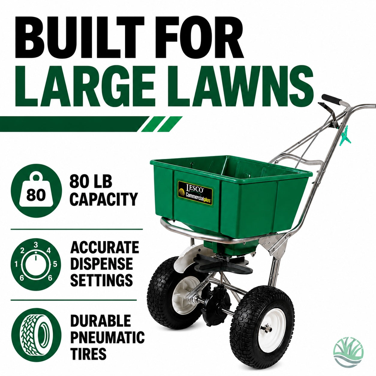 LESCO Spreader Commercial Stainless Steel w/ Deflector 80 lb. Capacity