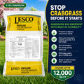 Bag of Lesco fertilizer with product details on a grassy background