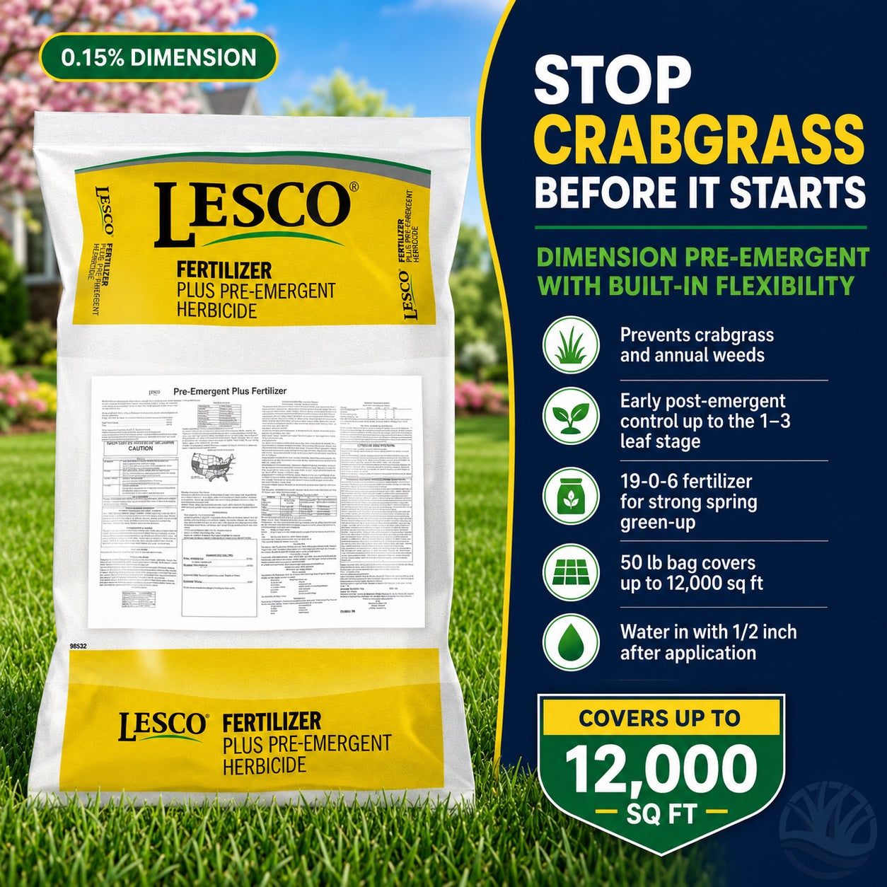 Bag of Lesco fertilizer with product details on a grassy background