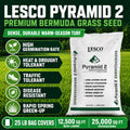Bag of LESCO Pyramid 2 Bermuda Grass Seed with product features on a grass background