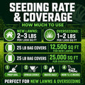 Infographic on seeding rate and coverage for new lawns and overseeding with green and white text.