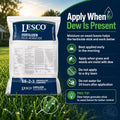 LESCO fertilizer and herbicide package with application instructions on a grassy background