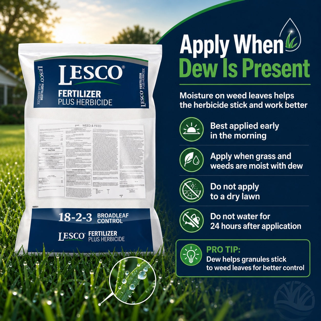LESCO fertilizer and herbicide package with application instructions on a grassy background