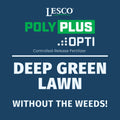 Advertisement for LESCO Poly Plus Opti fertilizer on a blue background