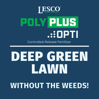 Advertisement for LESCO Poly Plus Opti fertilizer on a blue background