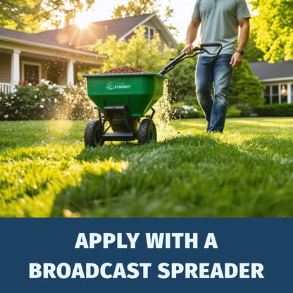Person using a broadcast spreader to apply fertilizer on a lawn with a house in the background.