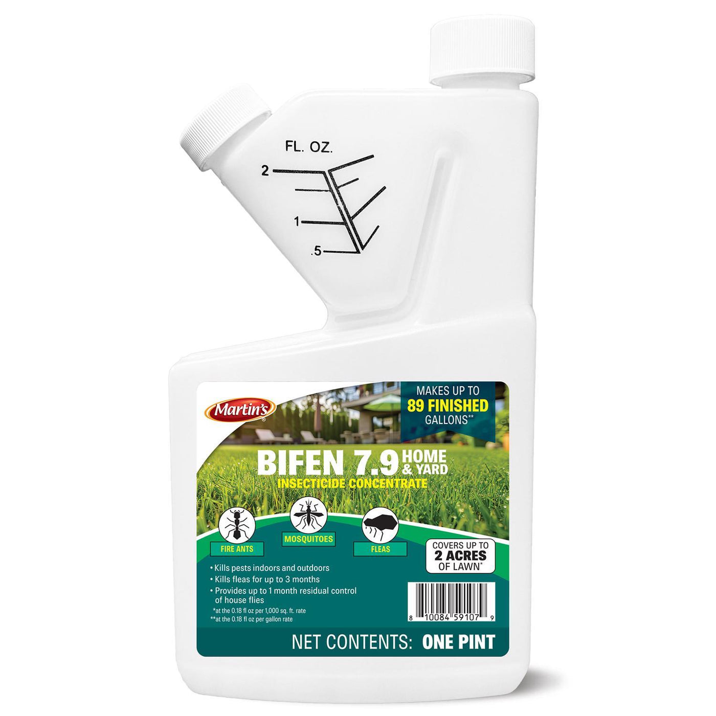 Martin's Bifen 7.5 Home & Yard Insecticide Concentrate in a one-pint white plastic bottle with a measurement marking on the shoulder and a green and white label.