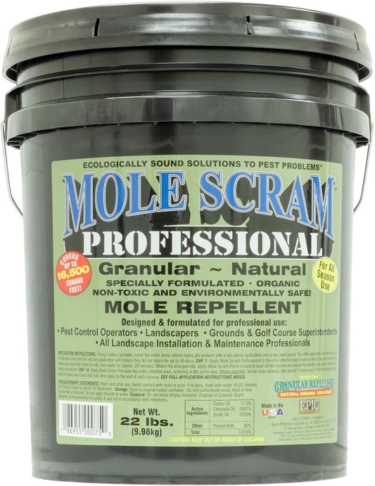 Mole Scram Professional granular mole repellent in a gray bucket with label.