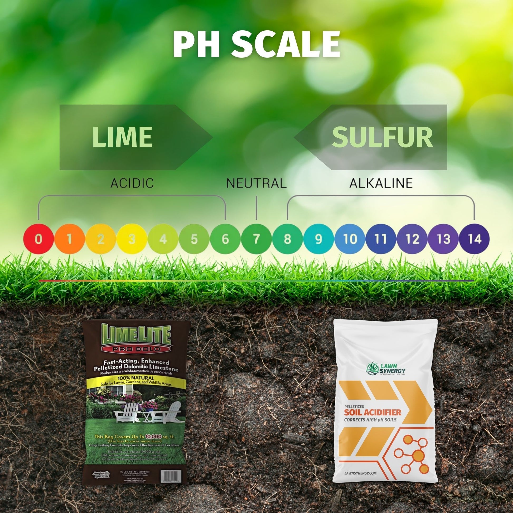 PH scale with lime and sulfur products on a grassy background
