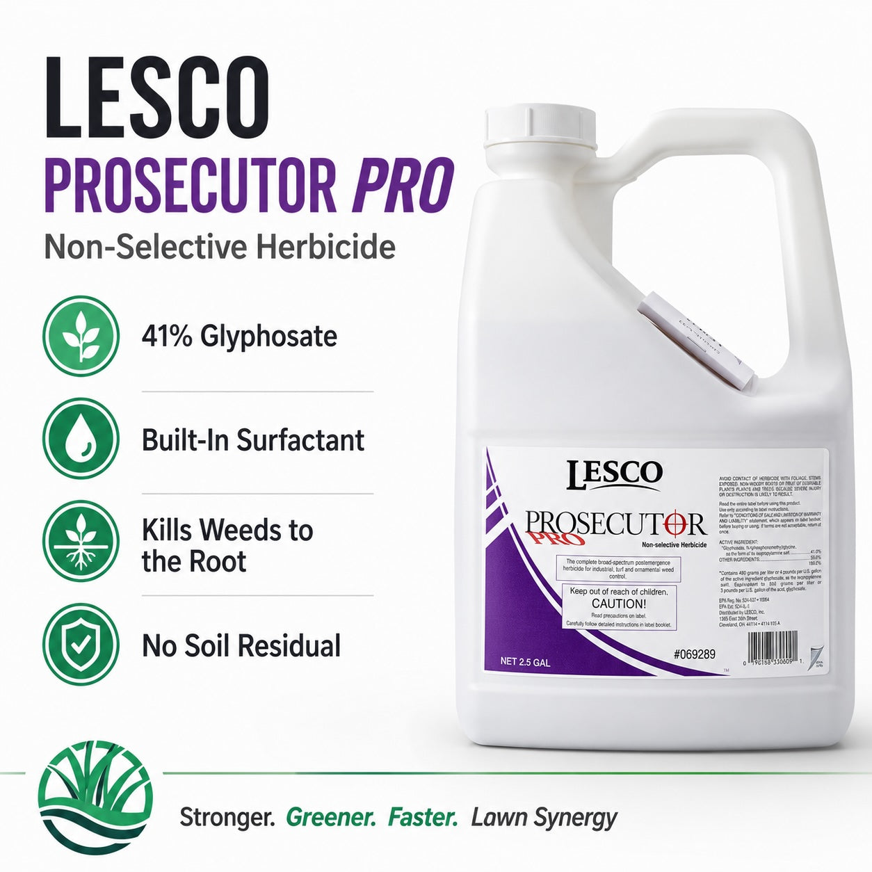 LESCO Prosecutor Pro herbicide container with product features on a white background
