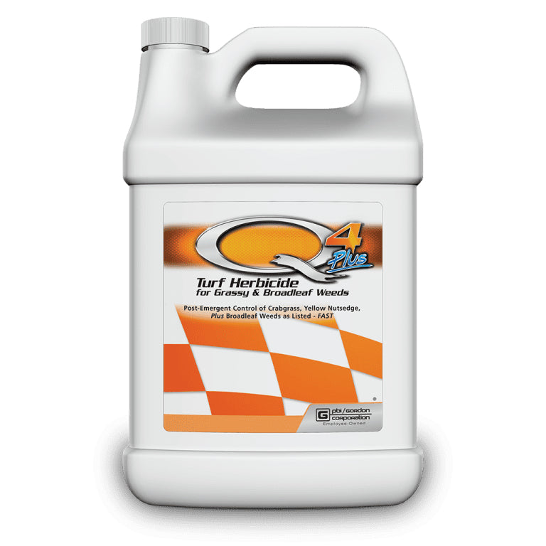 Turf herbicide container with Q4 logo on a white background