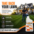 Advertisement for lawn care product with a couple on a lawn and product bottle.