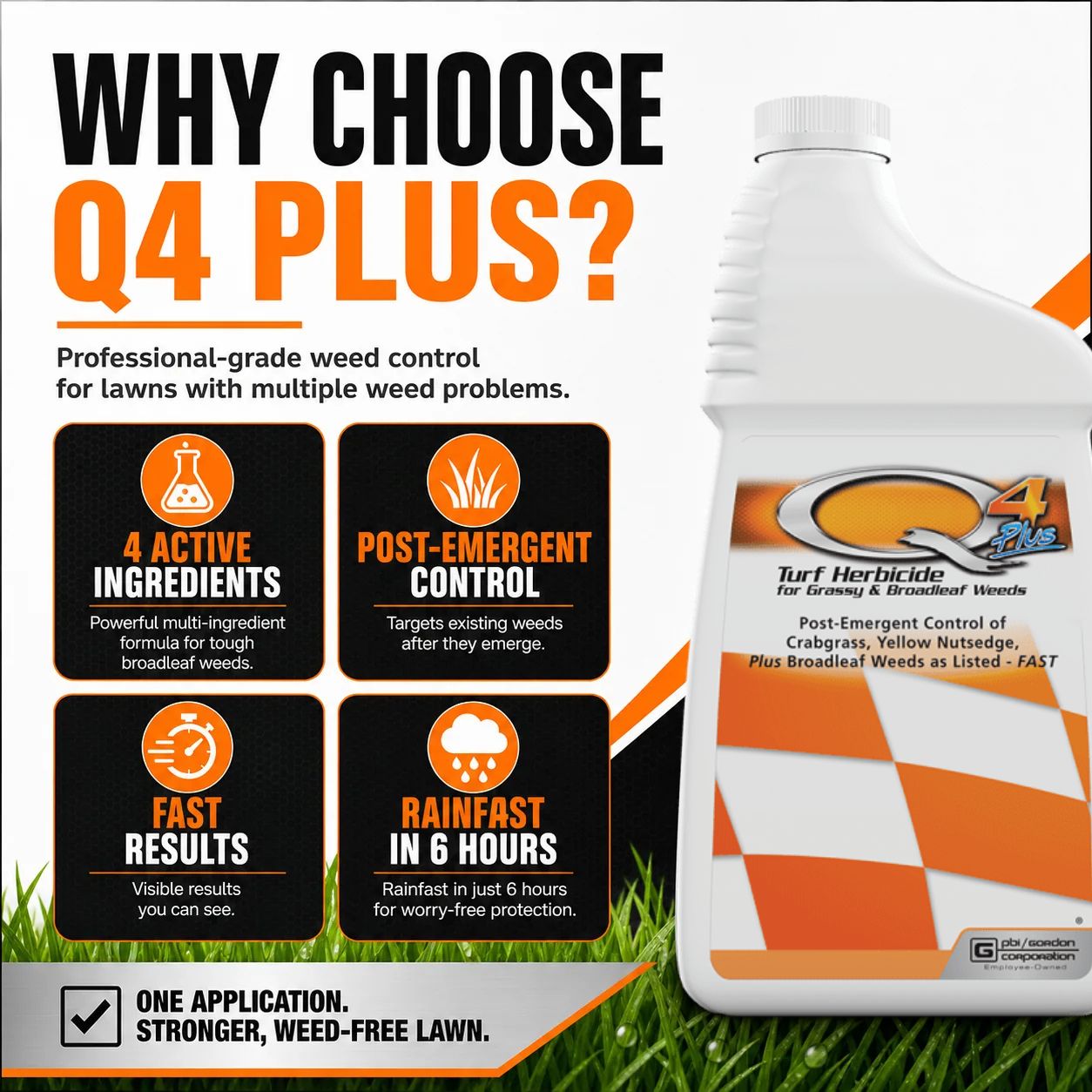 Q4 Plus weed control product with features highlighted on a grassy background