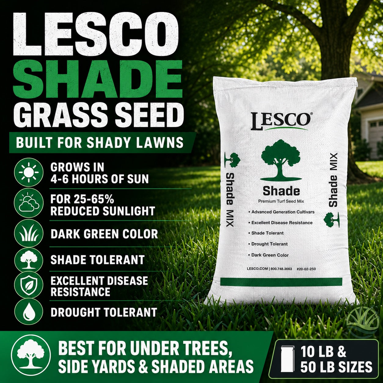Bag of LESCO Shade Grass Seed with product features and benefits displayed.