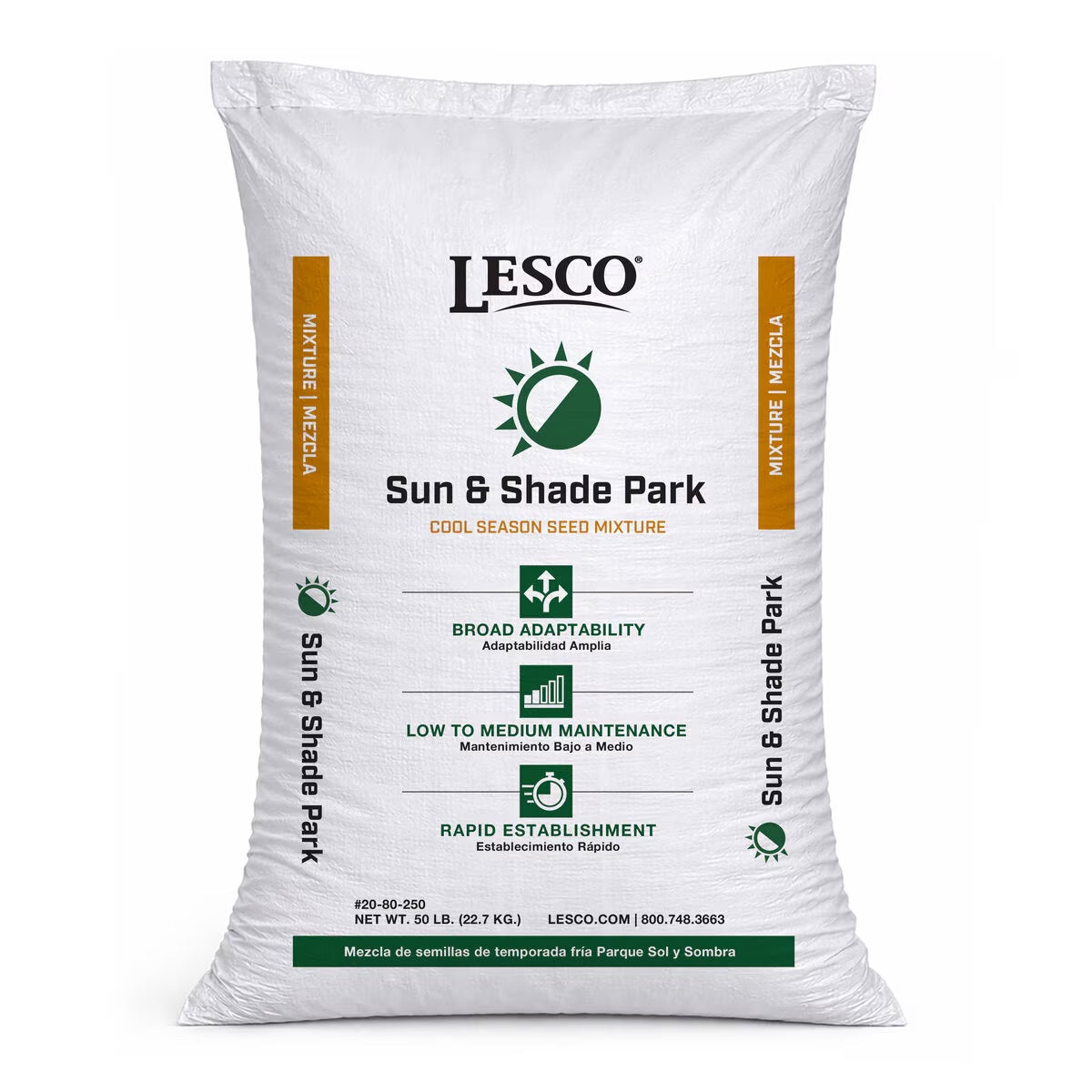 White bag of Lesco Sun & Shade Park seed mixture on a white background