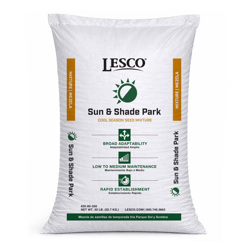 White bag of Lesco Sun & Shade Park seed mixture on a white background