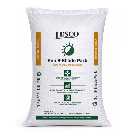 White bag of Lesco Sun & Shade Park seed mixture on a white background