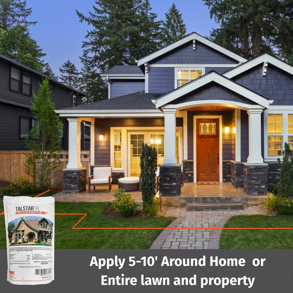 House exterior with Talstar Pro product packaging displayed, indicating application around home or property.